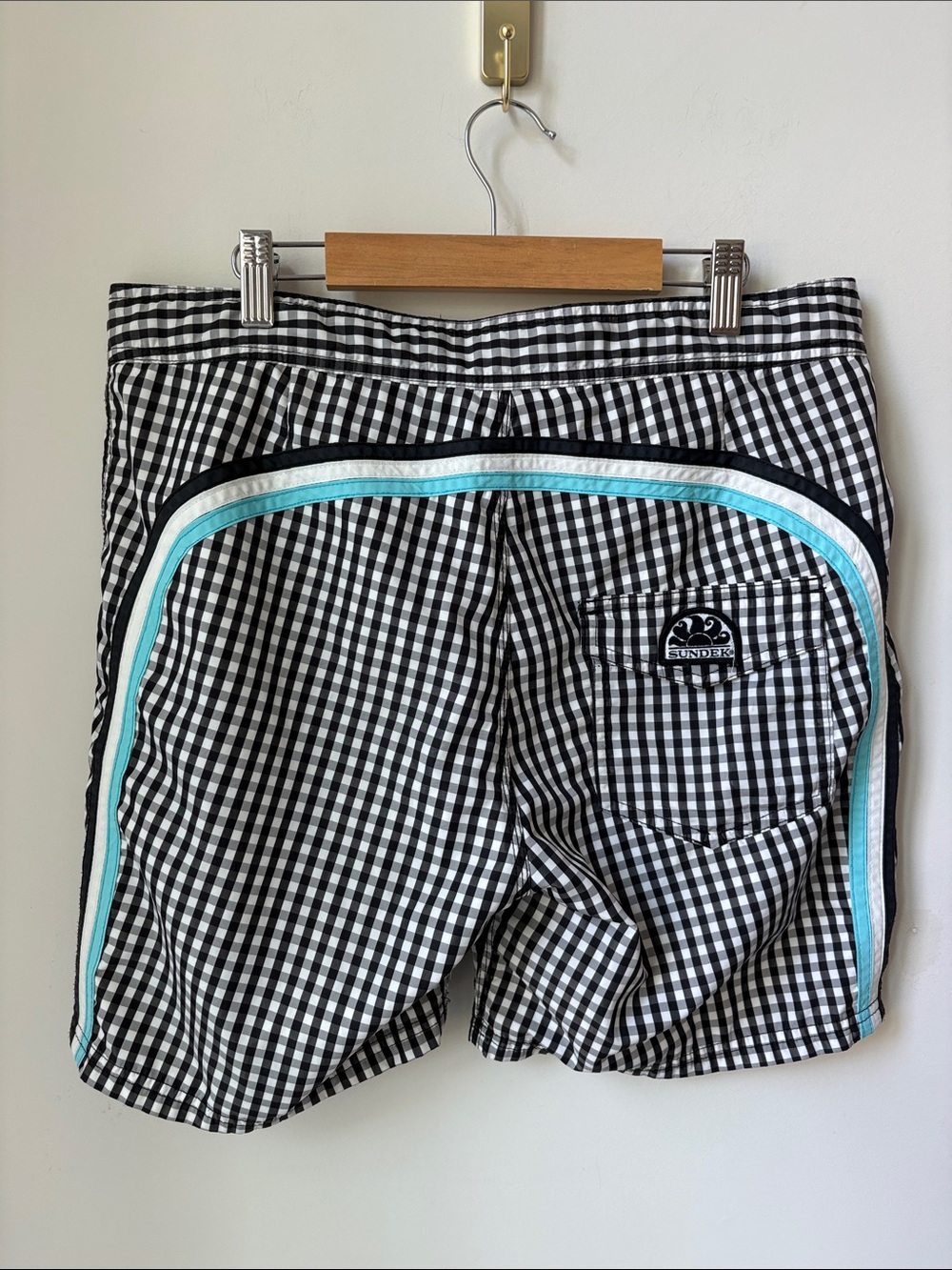 Sundek Mens Swim Board Shorts in Black White Gingham Lined Beach Pool Size 32